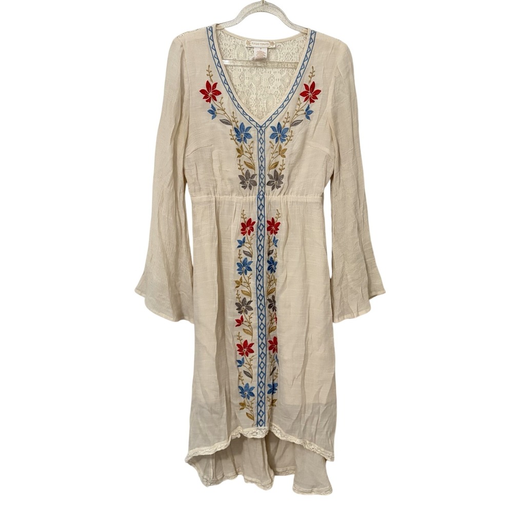 Embroidered Floral Flare Sleeve Boho Dress S Festival Renaissance Whimsy Indie
